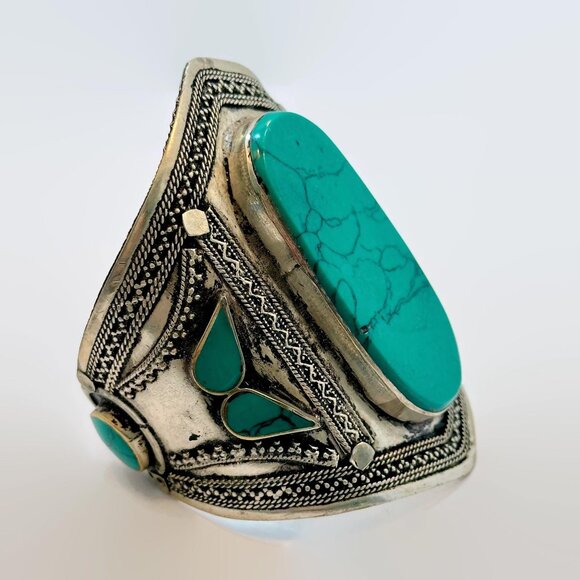 Vintage Bracelet Afghan Middle Eastern Silver Cuff Green Jasper Big Wide Ethnic - Picture 2 of 5